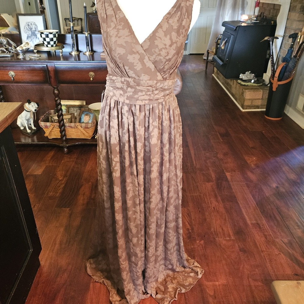 Semi/Formal Floor Length Faux Wrap Dress Cinched Waist Burnout Fabric Fall Flowy